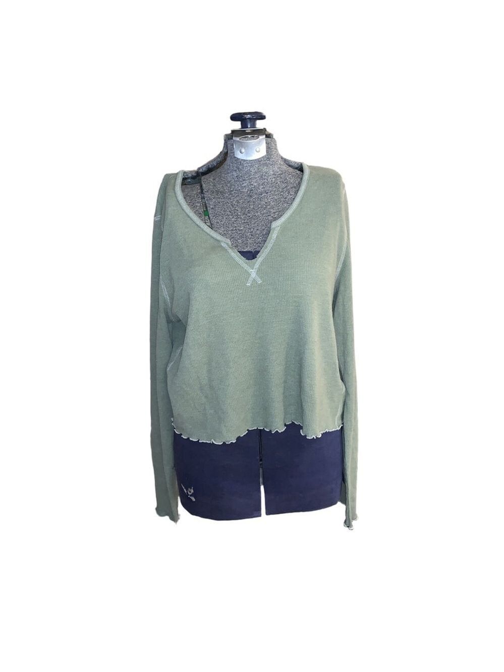 American Eagle Green Waffle Knit Long Sleeve Crop Top XL